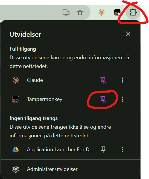 Pin Tampermonkey til verktøylinja