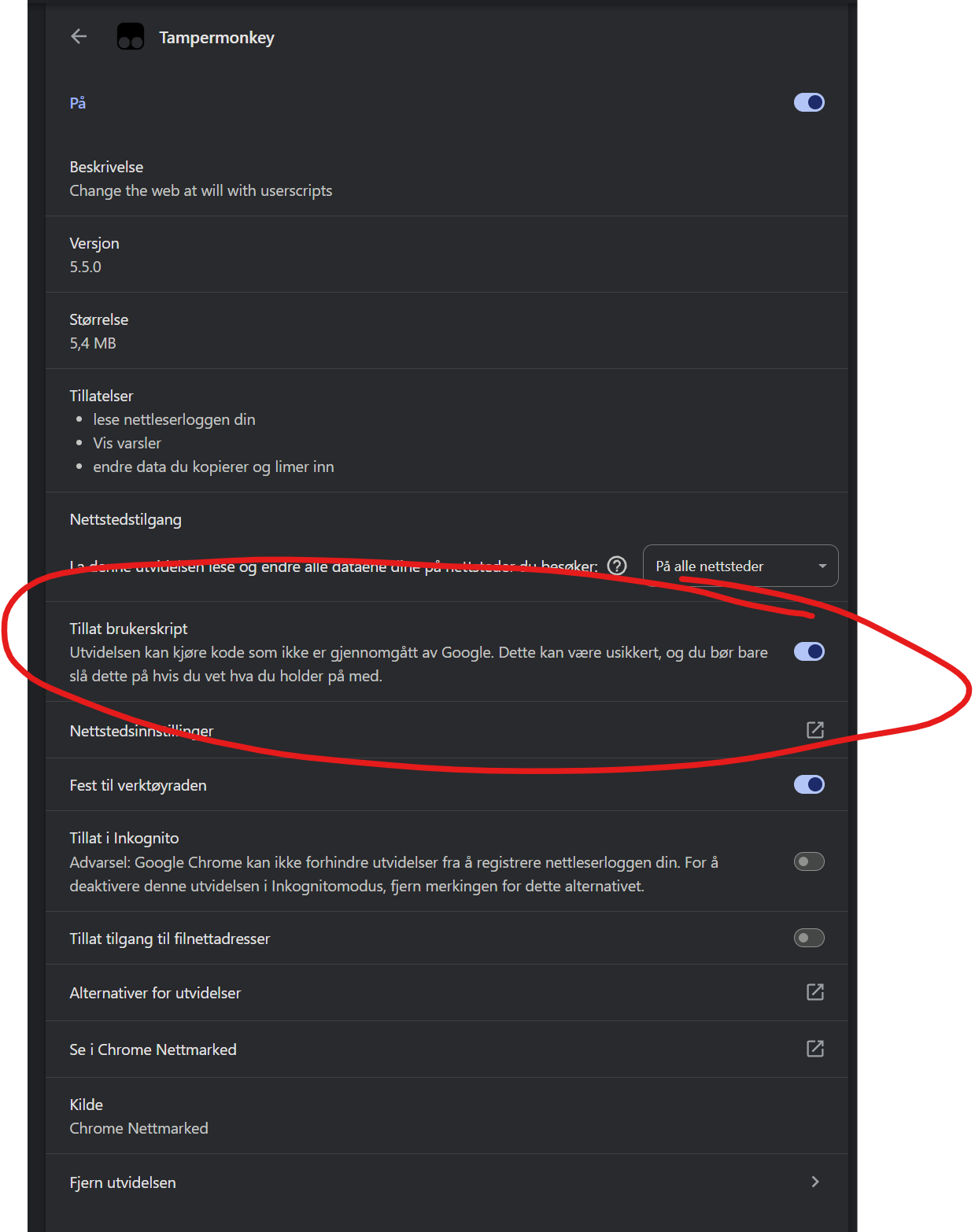 Allow user scripts, steg 3