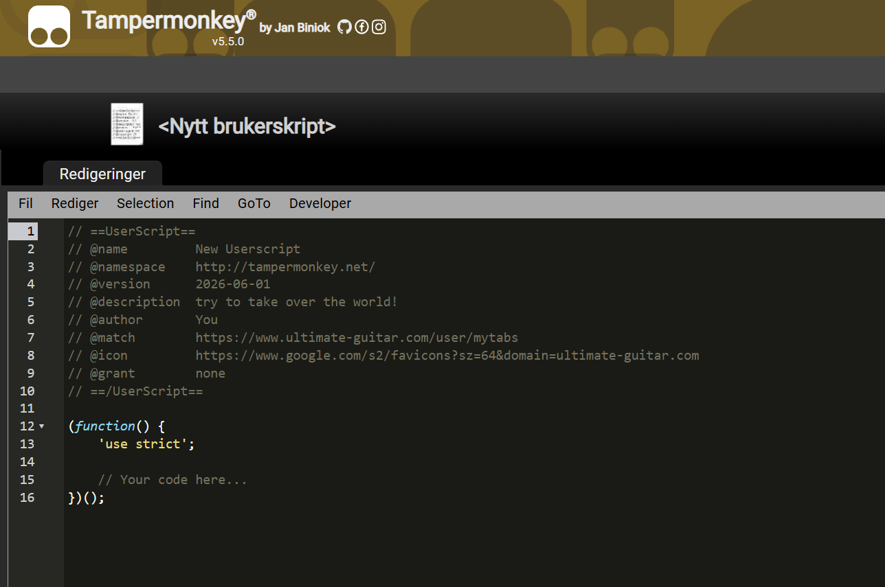 Tampermonkey-editor med template-koden valgt