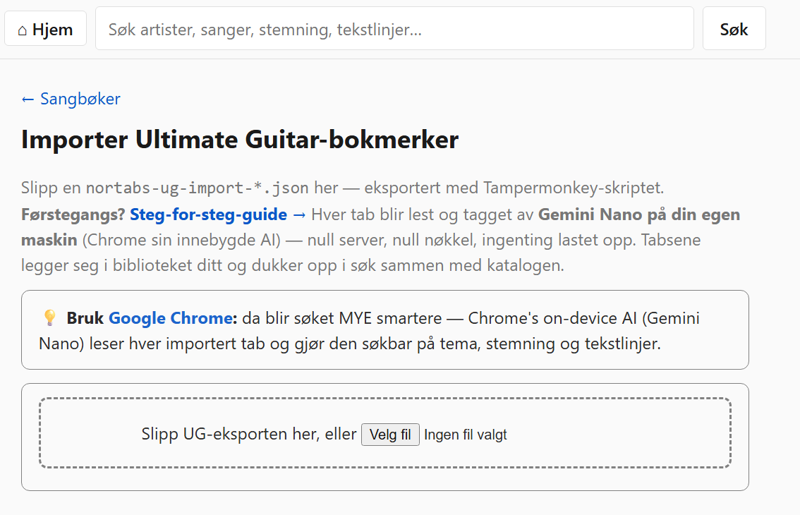 Import-skjermen i TabTabTab med drop-sone